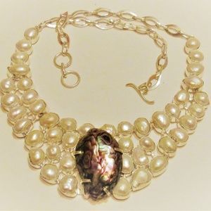 Bold Silver Genuine Baroque Pearl Abalone Necklace